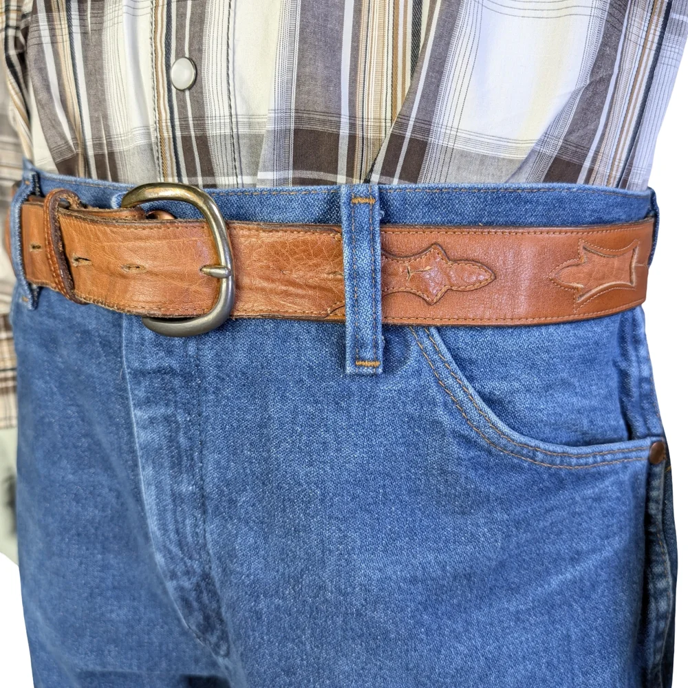 Justin Brown Leather Western Cutout Belt Removable Buckle 1.5" Wide | Size 38 - Picture 2 of 9